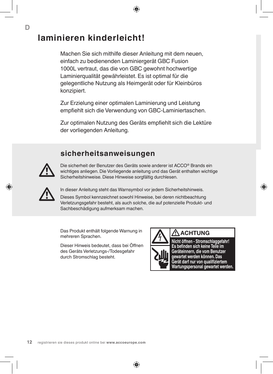 Laminieren kinderleicht, Sicherheitsanweisungen | GBC 1000L EU Fusion User Manual | Page 12 / 76