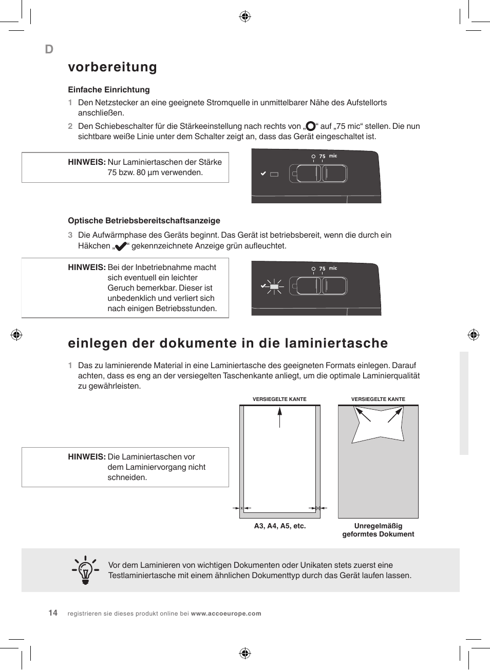 Vorbereitung, Einlegen der dokumente in die laminiertasche | GBC 1000L EU Fusion User Manual | Page 14 / 76