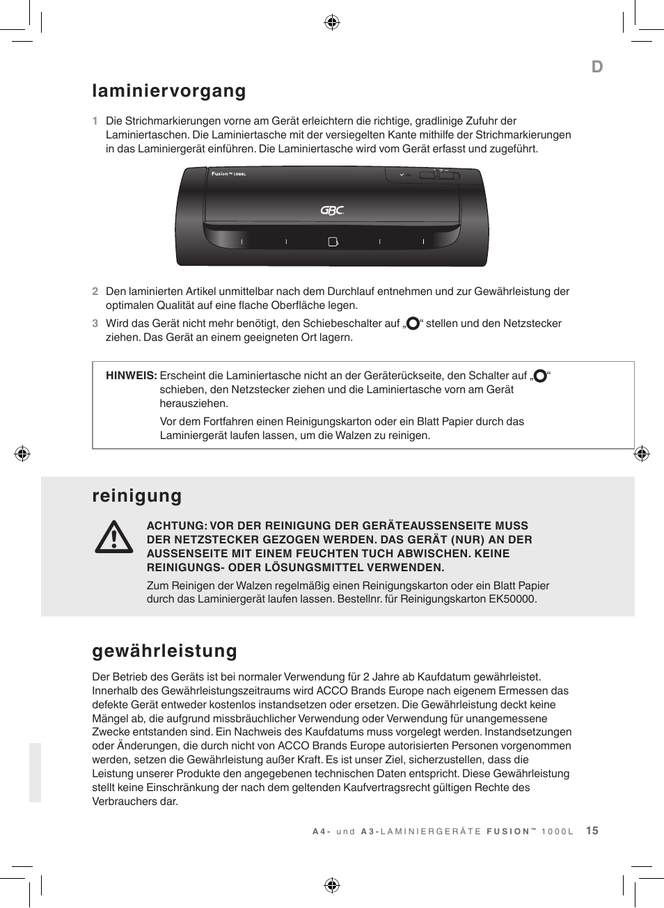 Reinigung, Laminiervorgang, Gewährleistung | GBC 1000L EU Fusion User Manual | Page 15 / 76