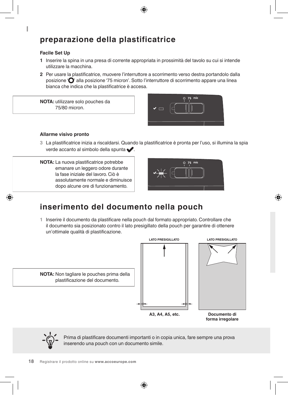 Preparazione della plastificatrice, Inserimento del documento nella pouch | GBC 1000L EU Fusion User Manual | Page 18 / 76