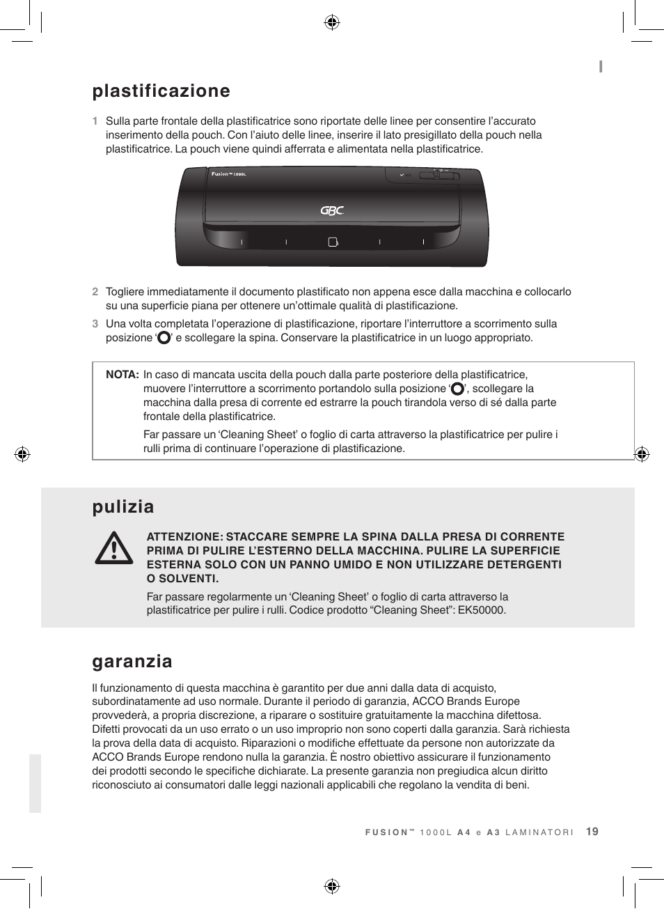 Pulizia, Plastificazione, Garanzia | GBC 1000L EU Fusion User Manual | Page 19 / 76