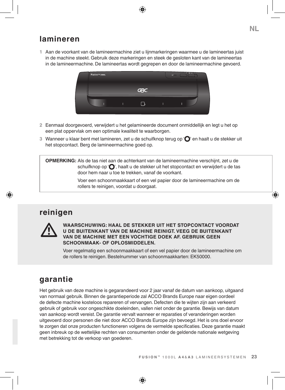 Reinigen, Lamineren, Garantie | GBC 1000L EU Fusion User Manual | Page 23 / 76