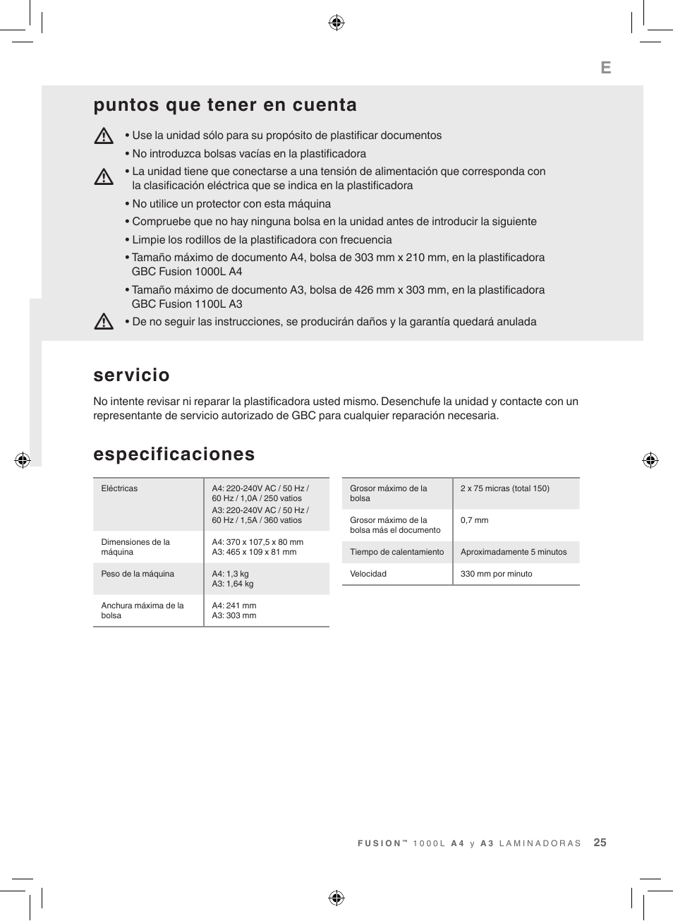 Especificaciones, Servicio, Puntos que tener en cuenta | GBC 1000L EU Fusion User Manual | Page 25 / 76