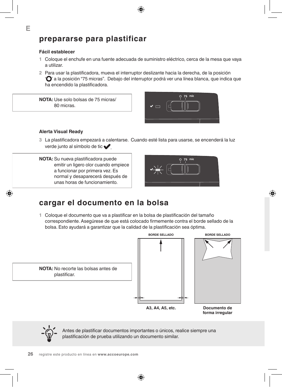 Prepararse para plastificar, Cargar el documento en la bolsa | GBC 1000L EU Fusion User Manual | Page 26 / 76