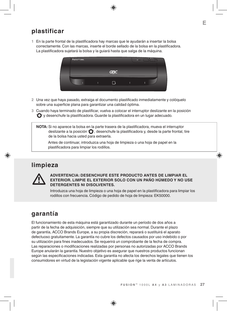 Limpieza, Plastificar, Garantía | GBC 1000L EU Fusion User Manual | Page 27 / 76