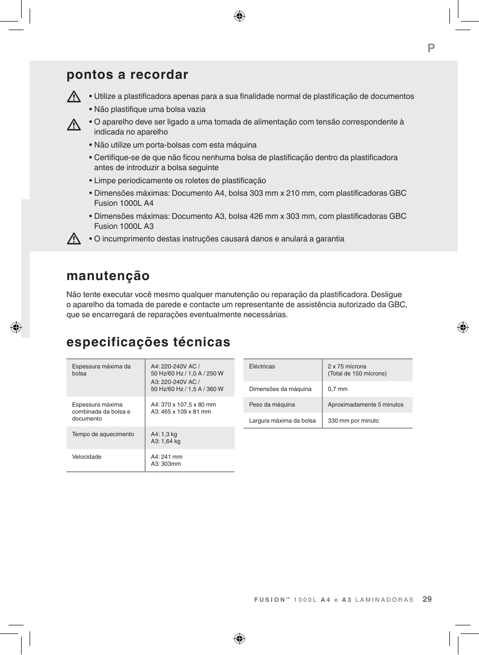 Mm m, Especificações técnicas, Manutenção | Pontos a recordar | GBC 1000L EU Fusion User Manual | Page 29 / 76