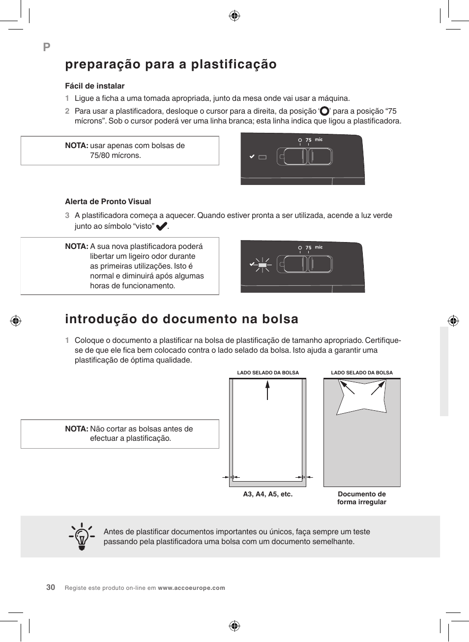 Preparação para a plastificação, Introdução do documento na bolsa | GBC 1000L EU Fusion User Manual | Page 30 / 76