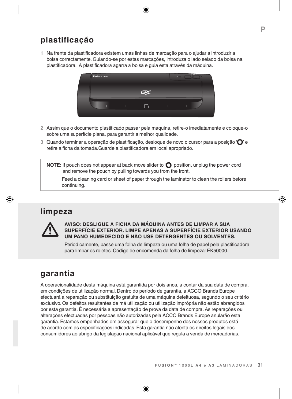 Limpeza, Plastificação, Garantia | GBC 1000L EU Fusion User Manual | Page 31 / 76
