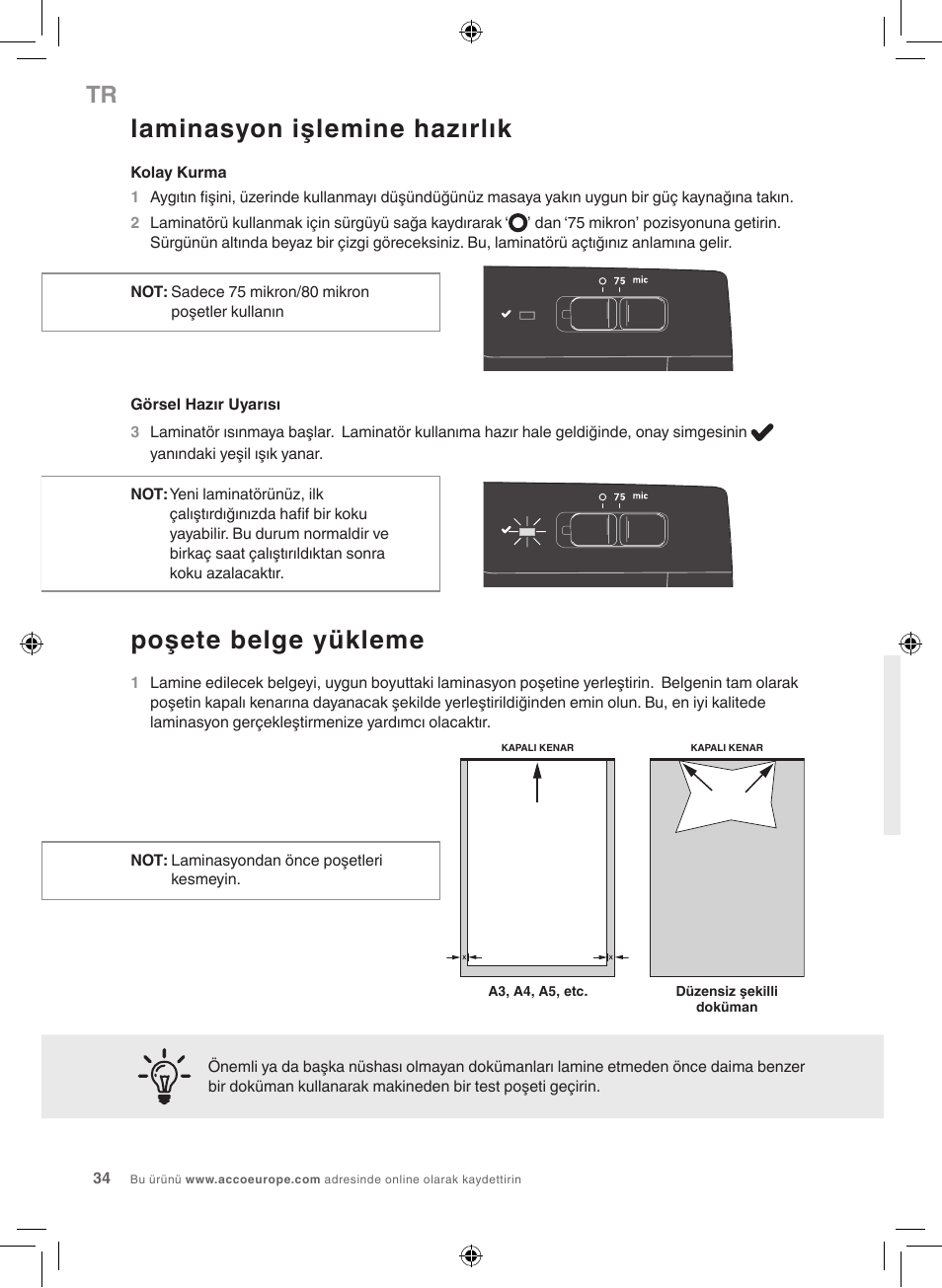 Laminasyon işlemine hazırlık, Poşete belge yükleme | GBC 1000L EU Fusion User Manual | Page 34 / 76