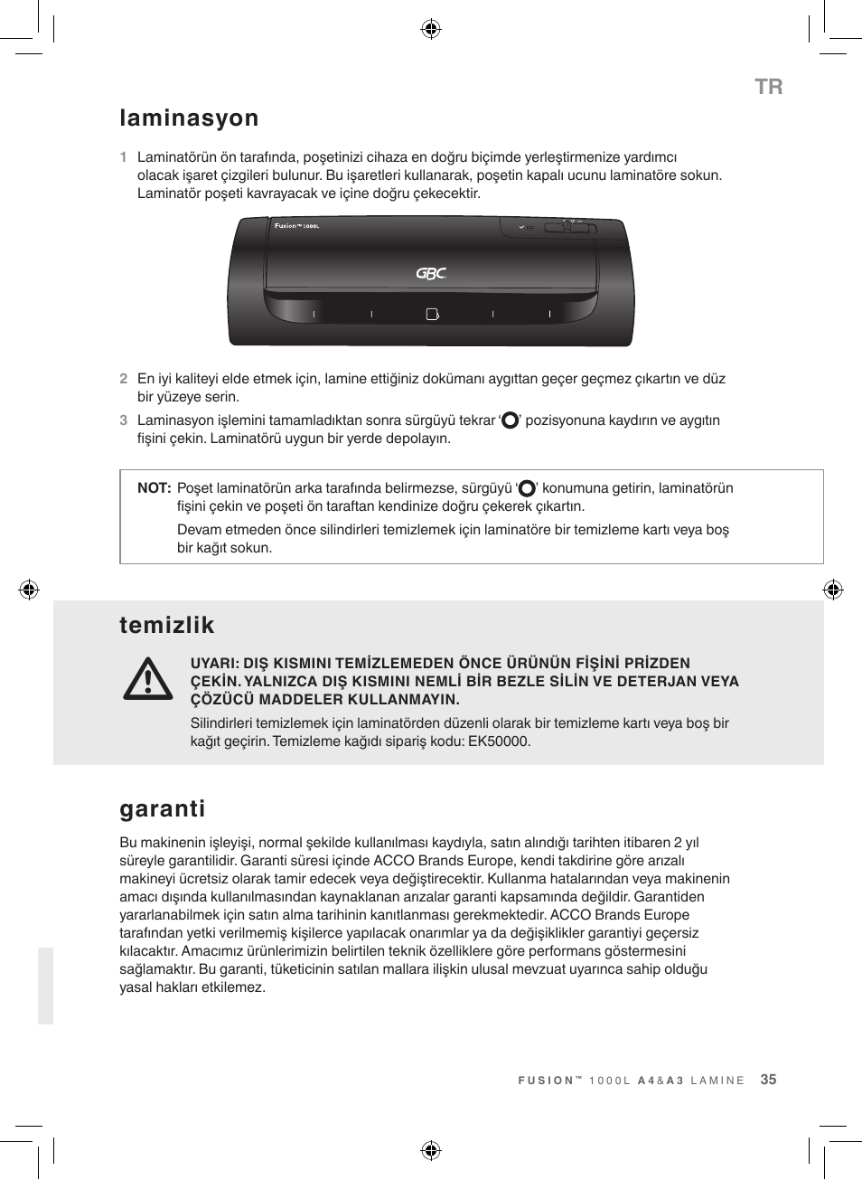 Temizlik, Laminasyon, Garanti | GBC 1000L EU Fusion User Manual | Page 35 / 76