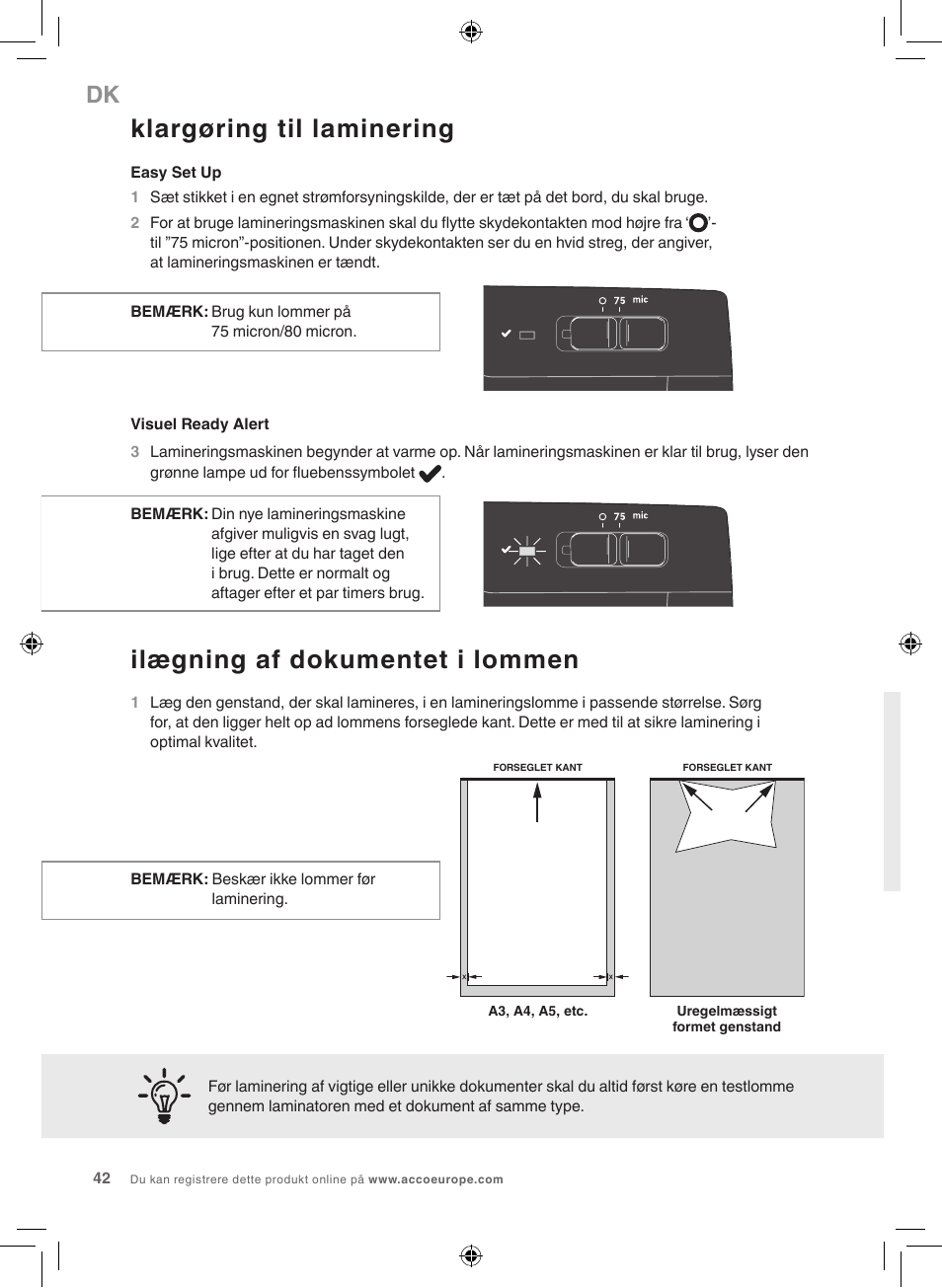 Klargøring til laminering, Ilægning af dokumentet i lommen | GBC 1000L EU Fusion User Manual | Page 42 / 76