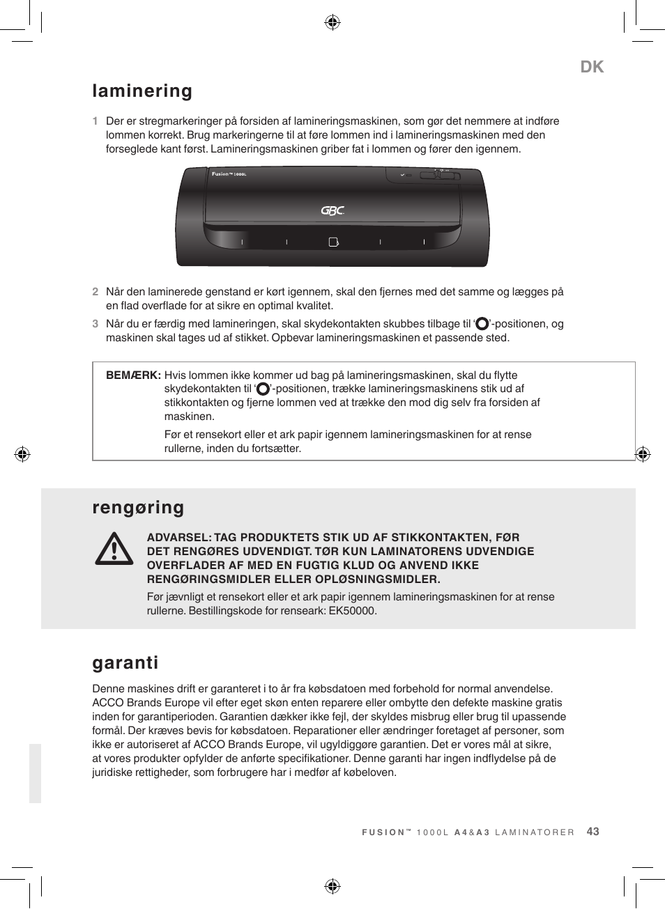 Rengøring, Laminering, Garanti | GBC 1000L EU Fusion User Manual | Page 43 / 76