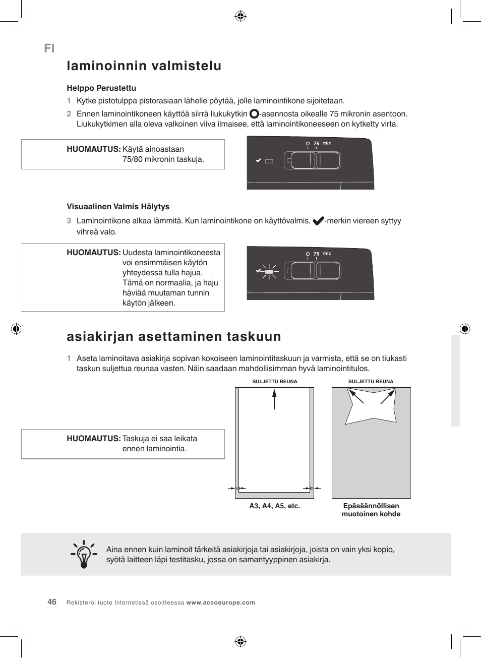 Laminoinnin valmistelu, Asiakirjan asettaminen taskuun | GBC 1000L EU Fusion User Manual | Page 46 / 76