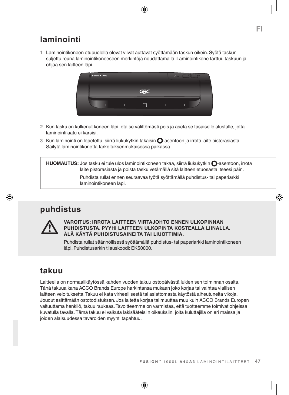 Puhdistus, Laminointi, Takuu | GBC 1000L EU Fusion User Manual | Page 47 / 76