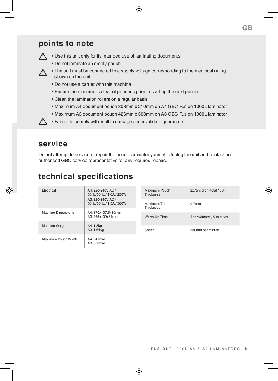 Mm m, Technical specifications, Service | GBC 1000L EU Fusion User Manual | Page 5 / 76