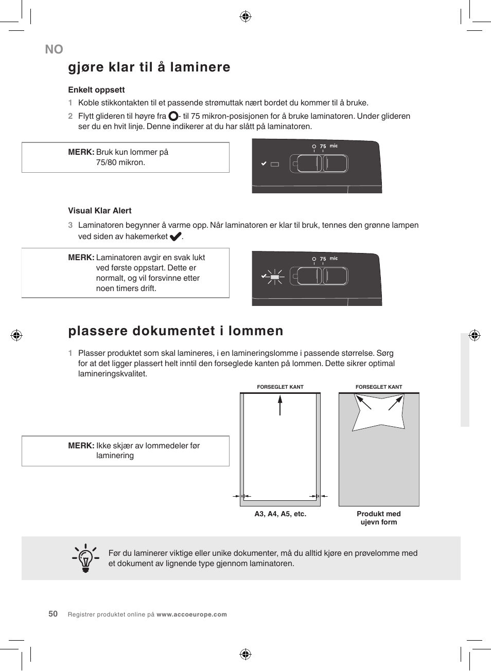 Gjøre klar til å laminere, Plassere dokumentet i lommen | GBC 1000L EU Fusion User Manual | Page 50 / 76