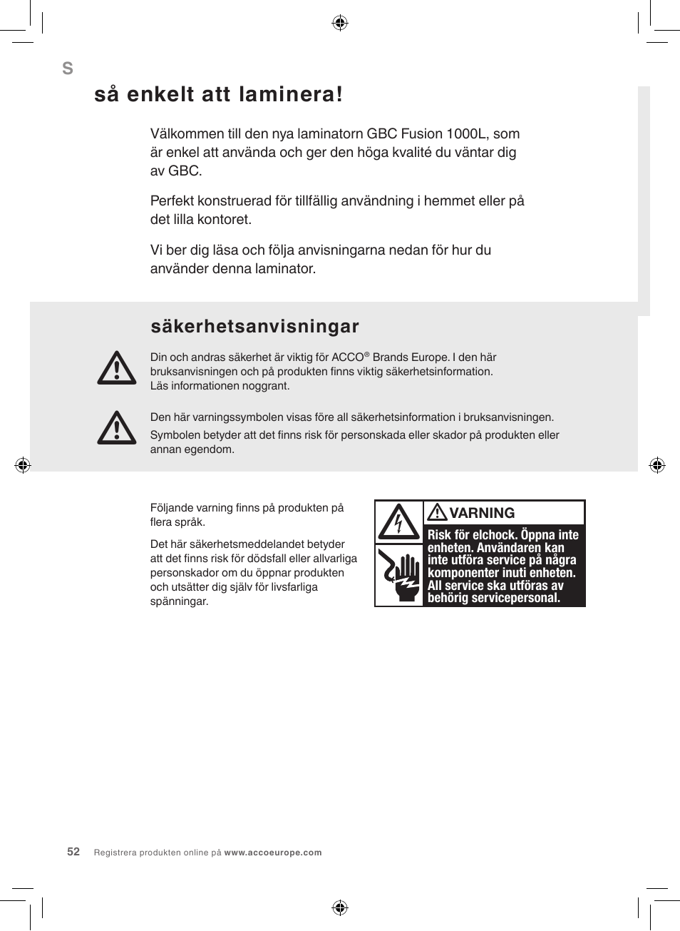 Så enkelt att laminera, Säkerhetsanvisningar | GBC 1000L EU Fusion User Manual | Page 52 / 76