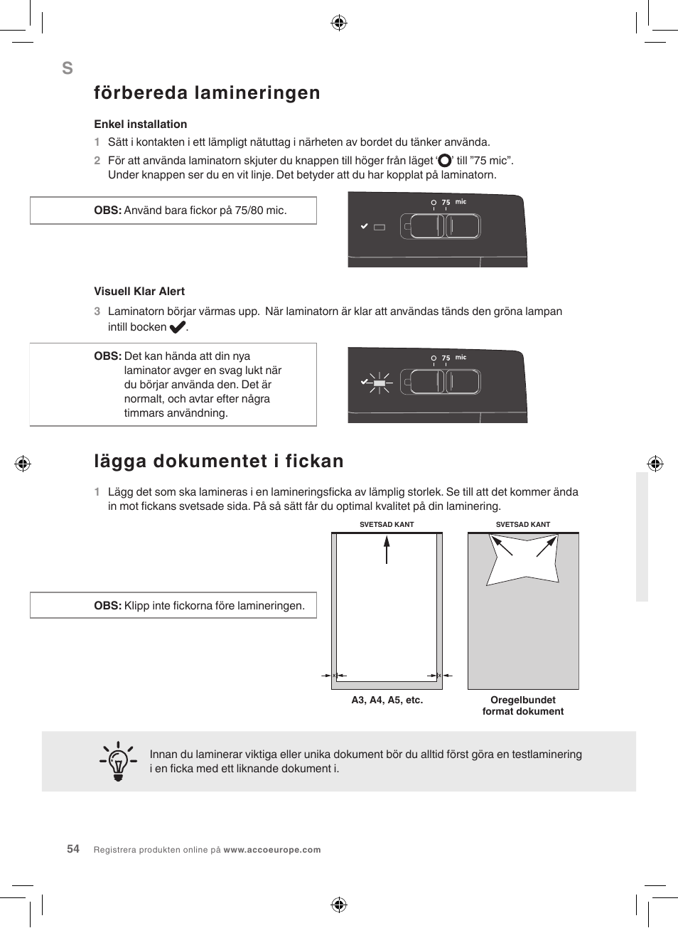 Förbereda lamineringen, Lägga dokumentet i fickan | GBC 1000L EU Fusion User Manual | Page 54 / 76