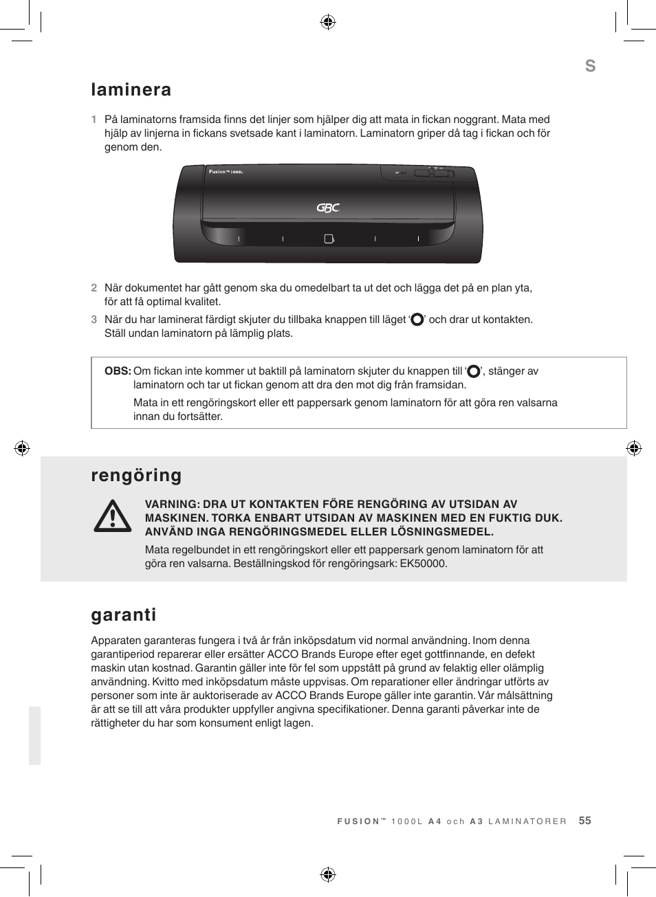 Rengöring, Laminera, Garanti | GBC 1000L EU Fusion User Manual | Page 55 / 76