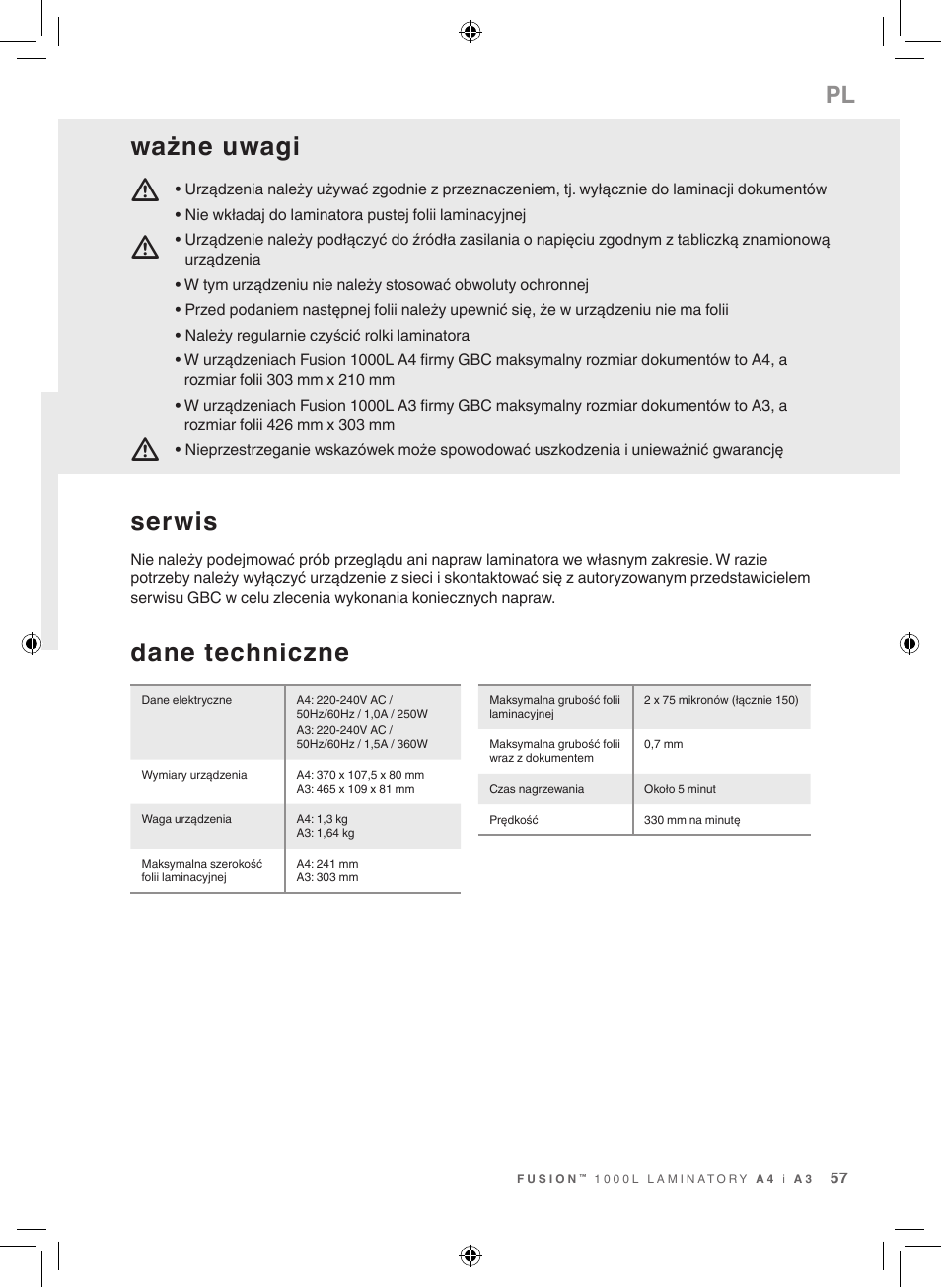 Dane techniczne, Serwis, Ważne uwagi | GBC 1000L EU Fusion User Manual | Page 57 / 76