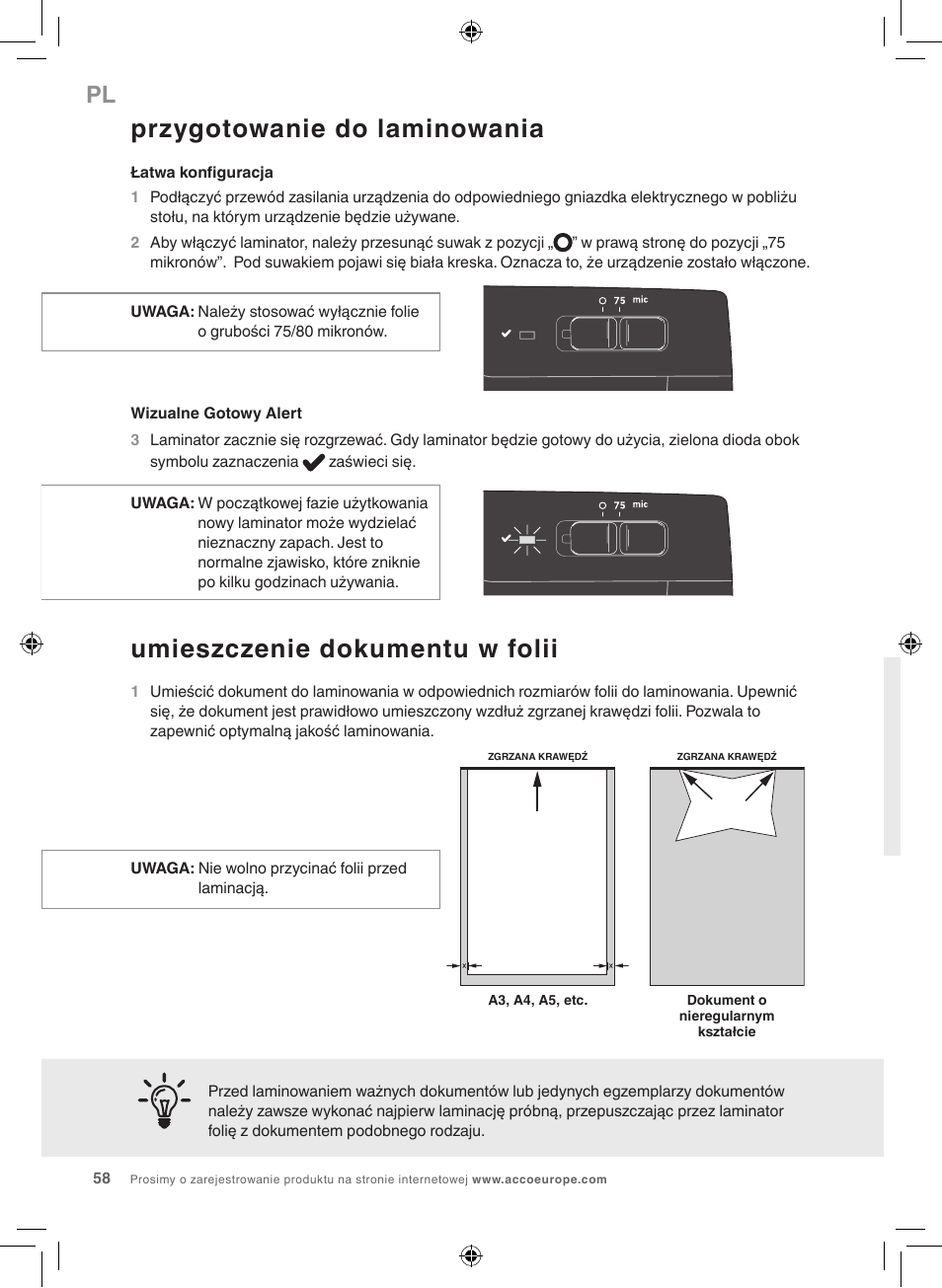 Przygotowanie do laminowania, Umieszczenie dokumentu w folii | GBC 1000L EU Fusion User Manual | Page 58 / 76
