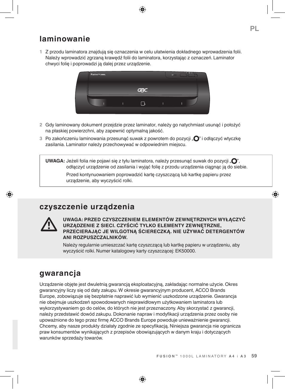 Czyszczenie urządzenia, Laminowanie, Gwarancja | GBC 1000L EU Fusion User Manual | Page 59 / 76