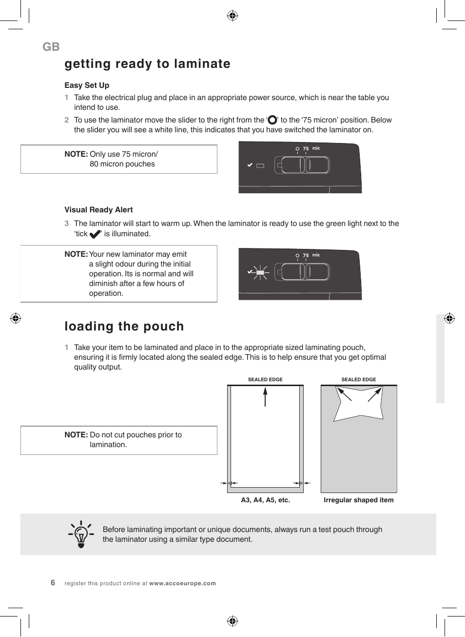 Getting ready to laminate, Loading the pouch | GBC 1000L EU Fusion User Manual | Page 6 / 76