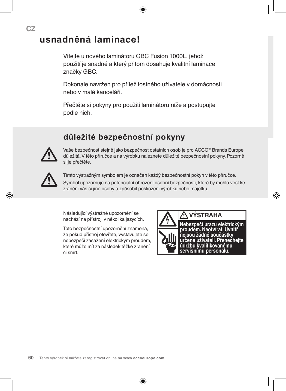Usnadněná laminace, Důležité bezpečnostní pokyny | GBC 1000L EU Fusion User Manual | Page 60 / 76