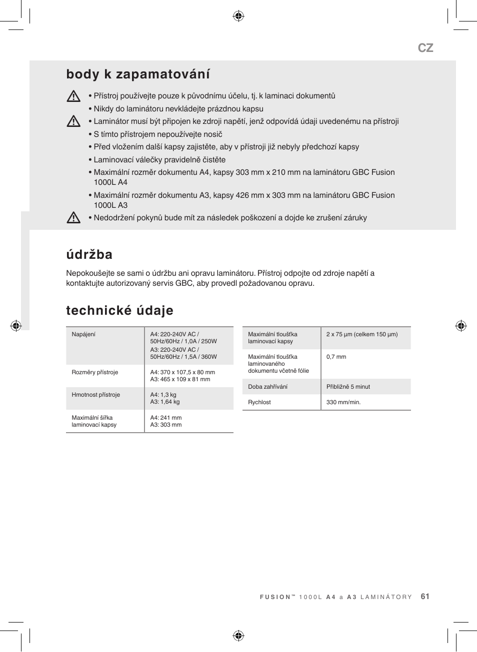 Mm m, Technické údaje, Údržba | Body k zapamatování | GBC 1000L EU Fusion User Manual | Page 61 / 76