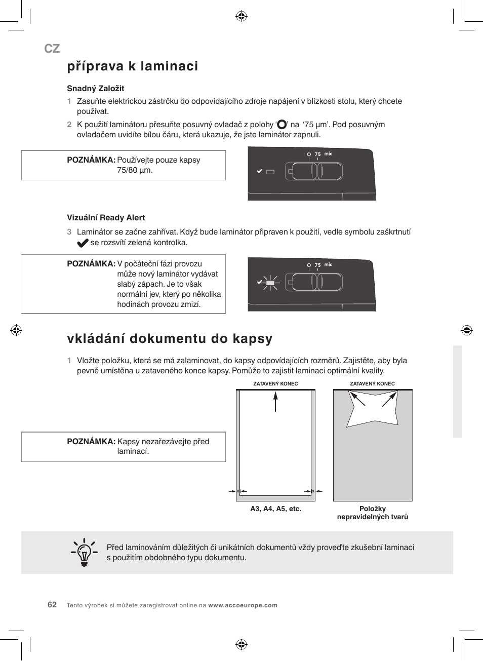 Příprava k laminaci, Vkládání dokumentu do kapsy | GBC 1000L EU Fusion User Manual | Page 62 / 76