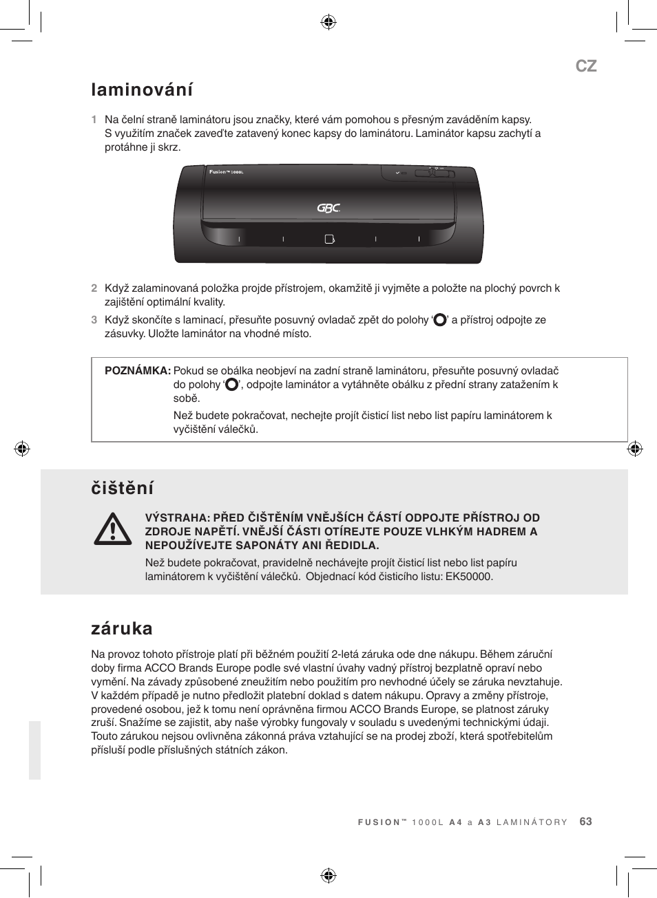 Čištění, Laminování, Záruka | GBC 1000L EU Fusion User Manual | Page 63 / 76