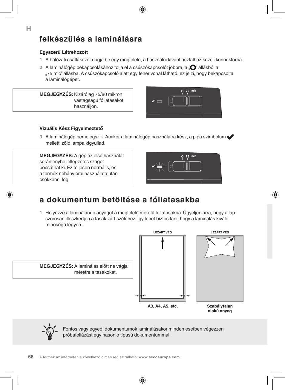 Felkészülés a laminálásra, A dokumentum betöltése a fóliatasakba | GBC 1000L EU Fusion User Manual | Page 66 / 76