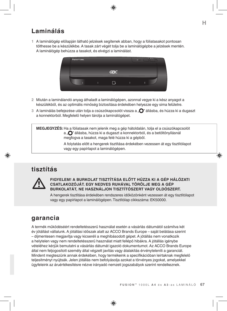 Tisztítás, Laminálás, Garancia | GBC 1000L EU Fusion User Manual | Page 67 / 76