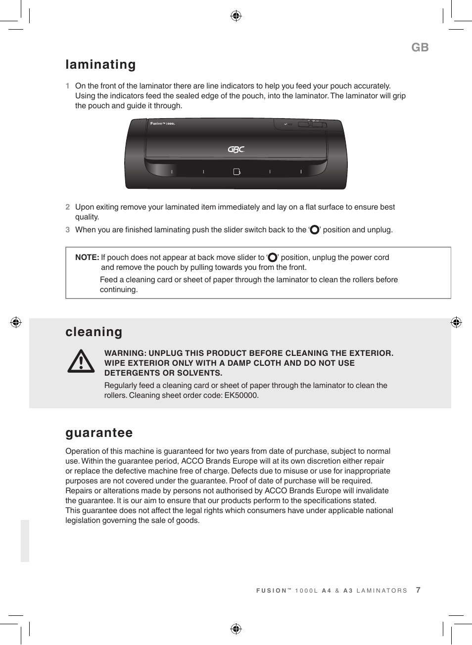 Cleaning, Laminating, Guarantee | GBC 1000L EU Fusion User Manual | Page 7 / 76