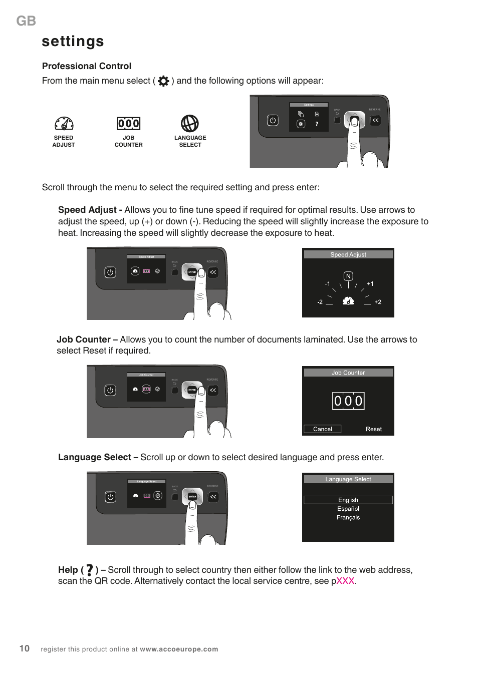 Settings | GBC 5100L Fusion Swingline User Manual | Page 10 / 12
