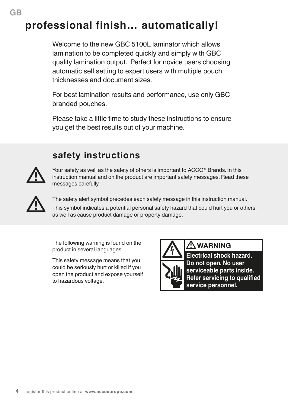 Professional finish… automatically, Safety instructions | GBC 5100L Fusion Swingline User Manual | Page 4 / 12