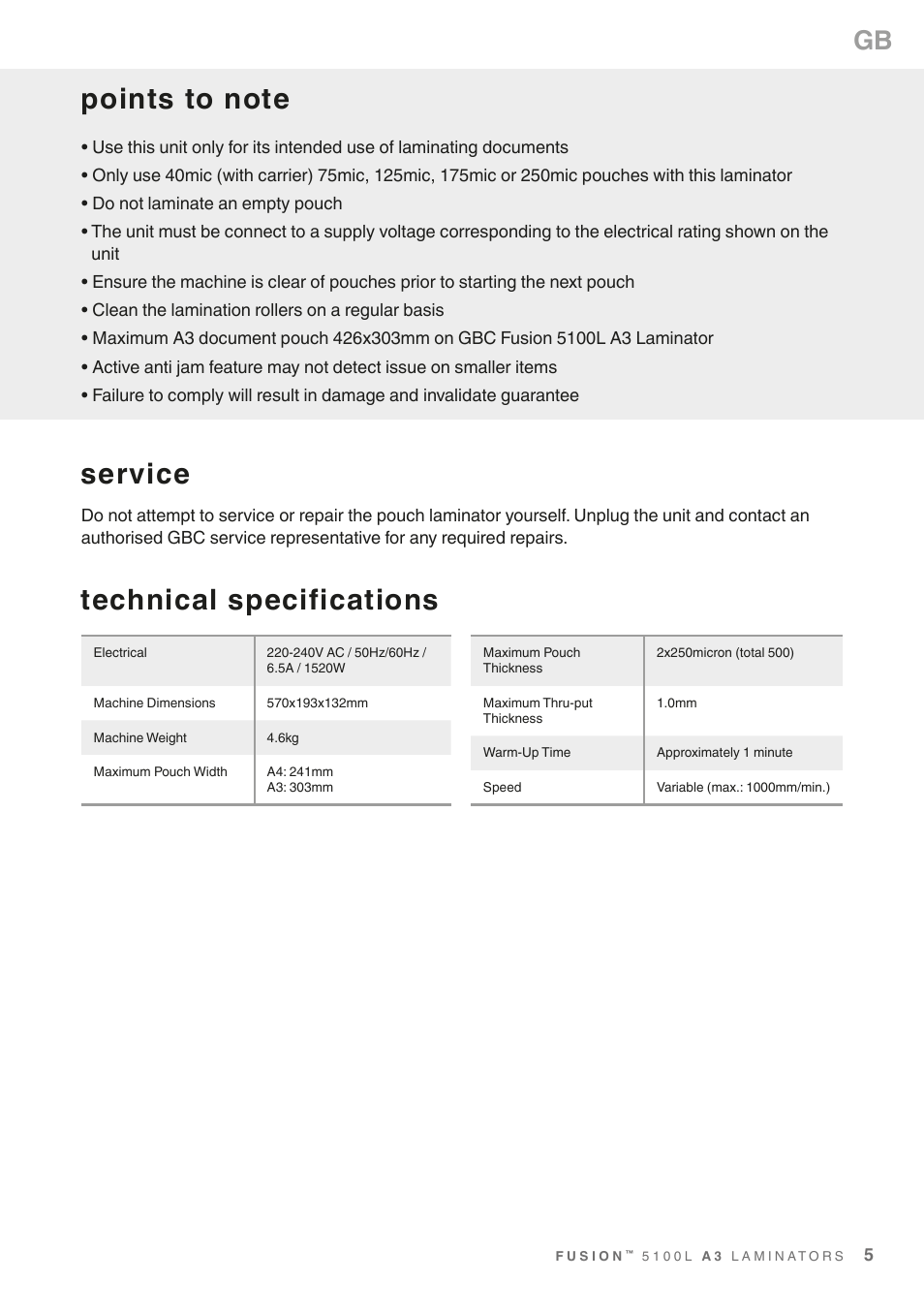 Service, Technical specifications | GBC 5100L Fusion Swingline User Manual | Page 5 / 12