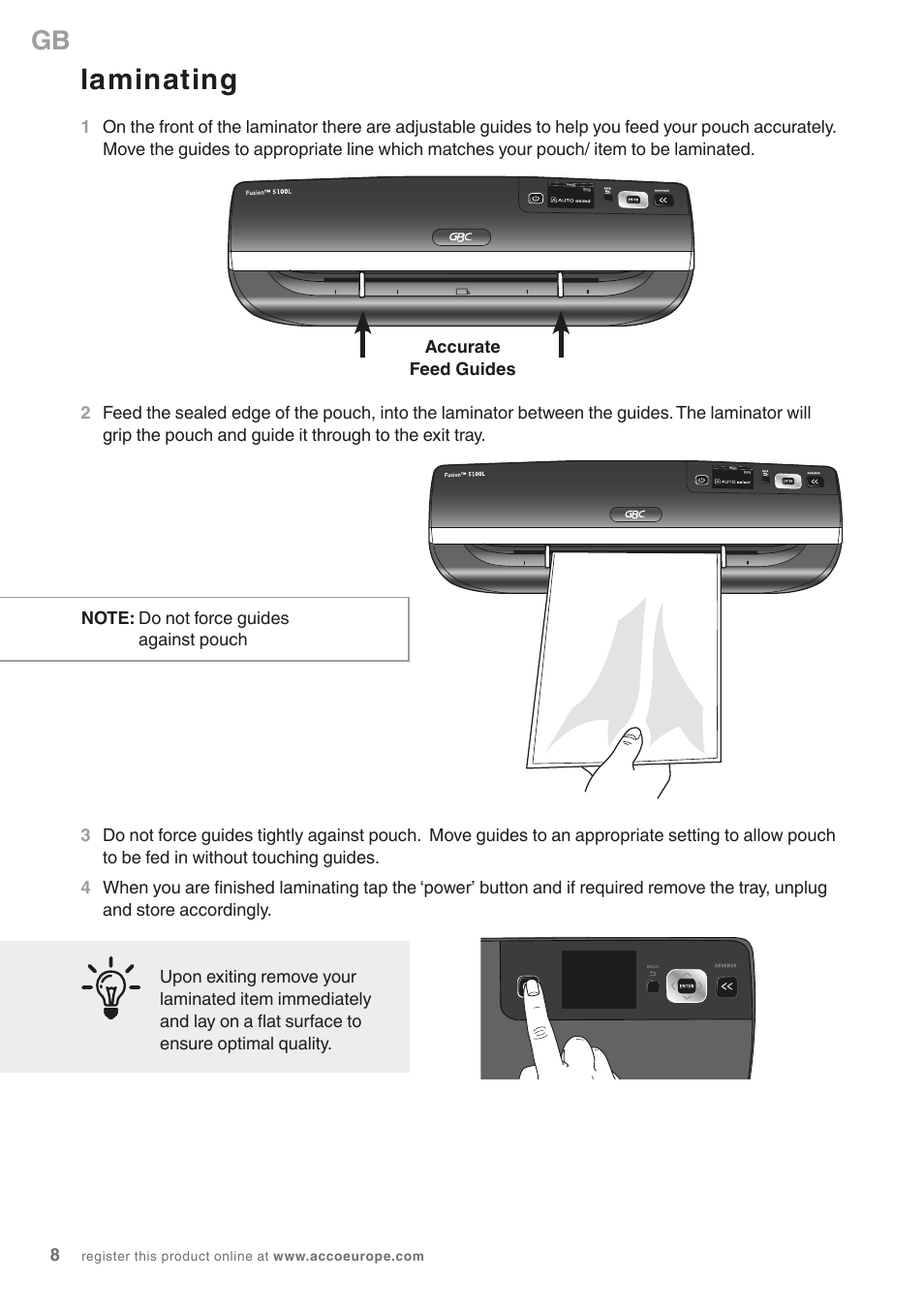 Laminating | GBC 5100L Fusion Swingline User Manual | Page 8 / 12