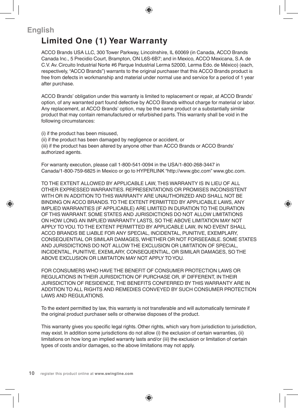 Limited one (1) year warranty, English | GBC 5000L Fusion Swingline User Manual | Page 10 / 28