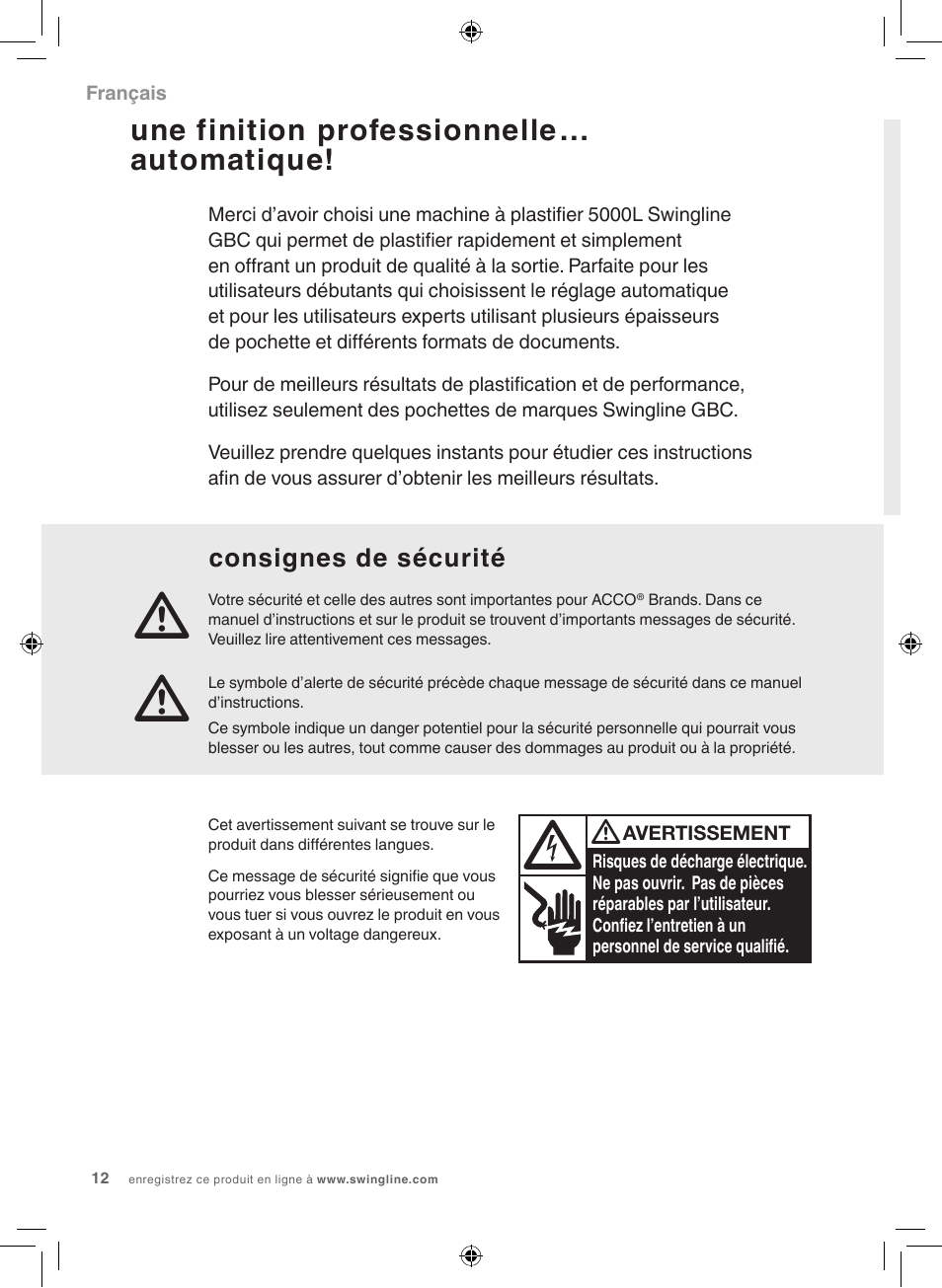 Une finition professionnelle… automatique, Consignes de sécurité | GBC 5000L Fusion Swingline User Manual | Page 12 / 28