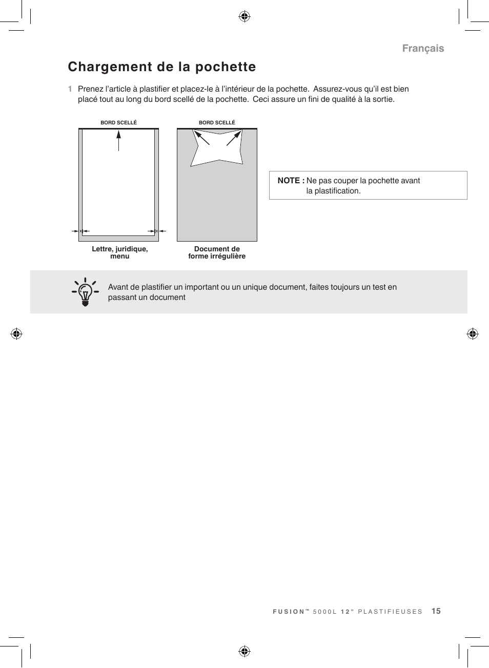 Chargement de la pochette, Français | GBC 5000L Fusion Swingline User Manual | Page 15 / 28