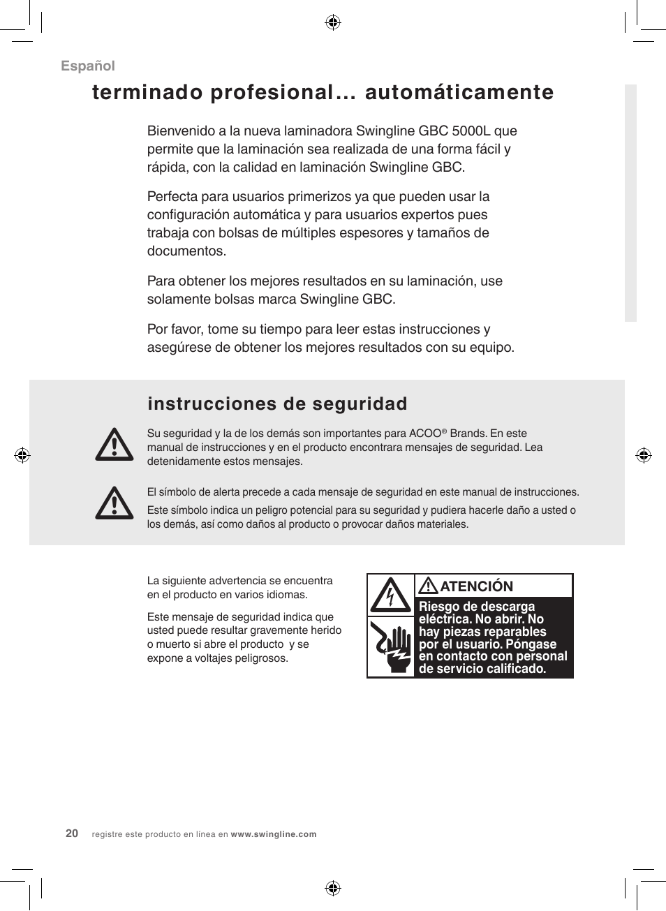 Terminado profesional… automáticamente, Instrucciones de seguridad | GBC 5000L Fusion Swingline User Manual | Page 20 / 28