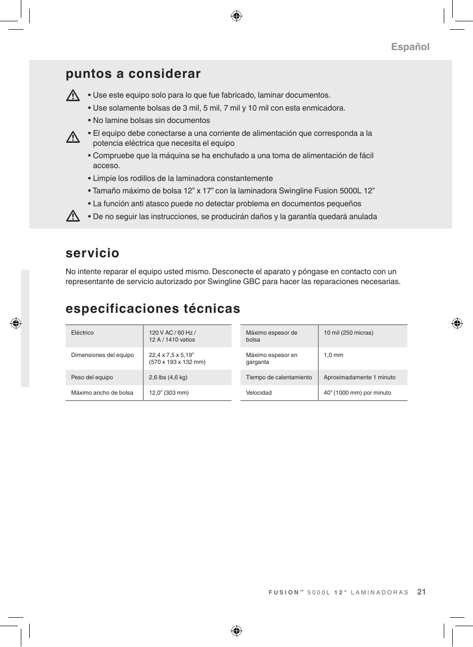 Especificaciones técnicas, Servicio, Puntos a considerar | Español | GBC 5000L Fusion Swingline User Manual | Page 21 / 28