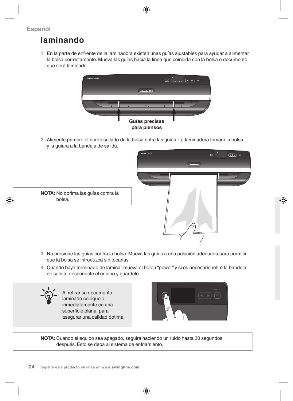 Laminando, Español | GBC 5000L Fusion Swingline User Manual | Page 24 / 28