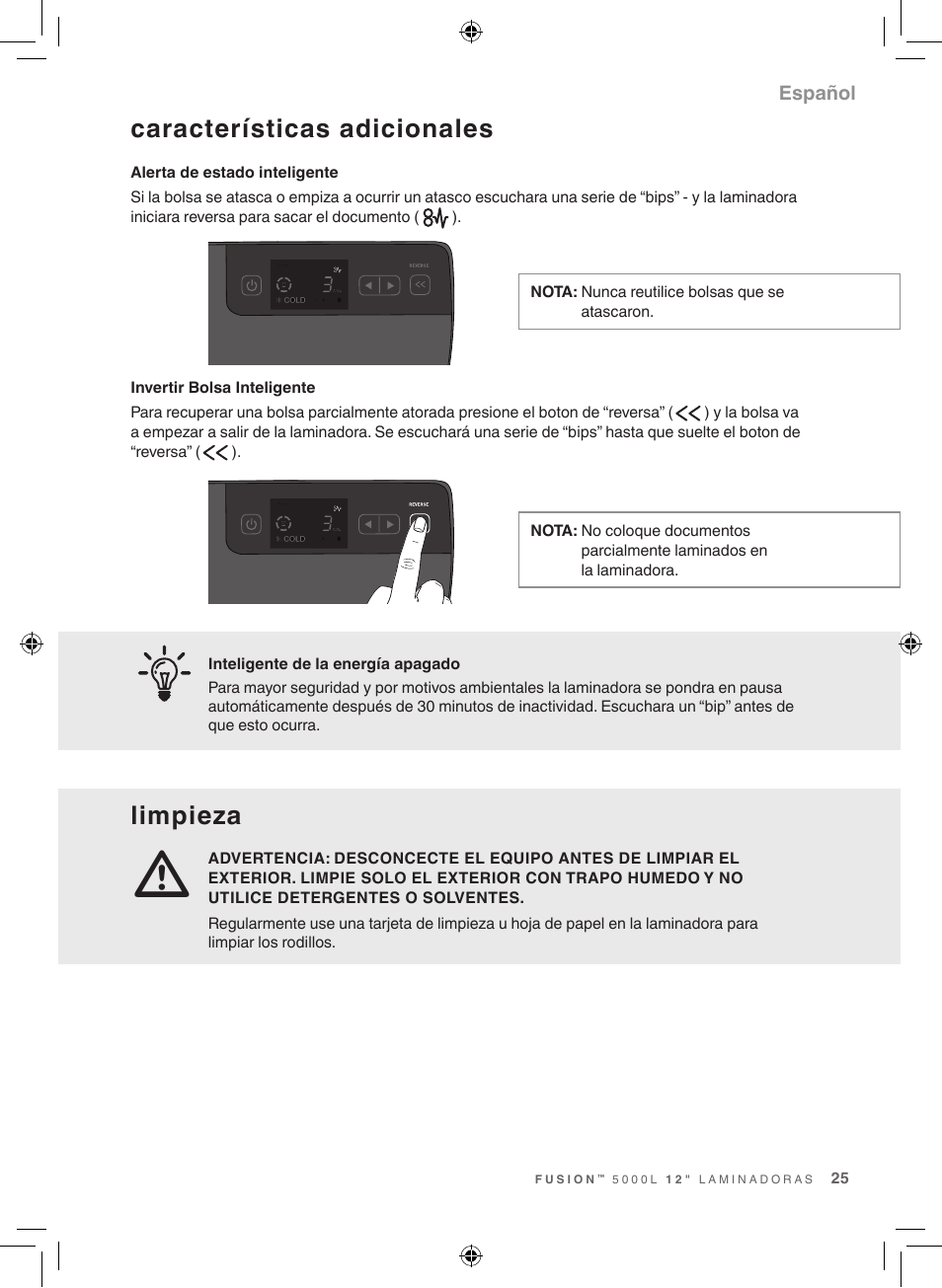 Características adicionales, Limpieza | GBC 5000L Fusion Swingline User Manual | Page 25 / 28