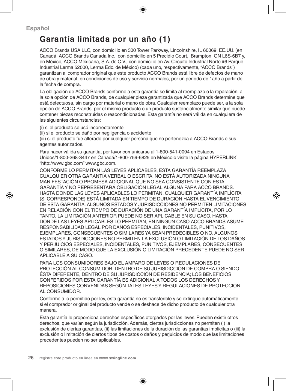 Garantía limitada por un año (1), Español | GBC 5000L Fusion Swingline User Manual | Page 26 / 28