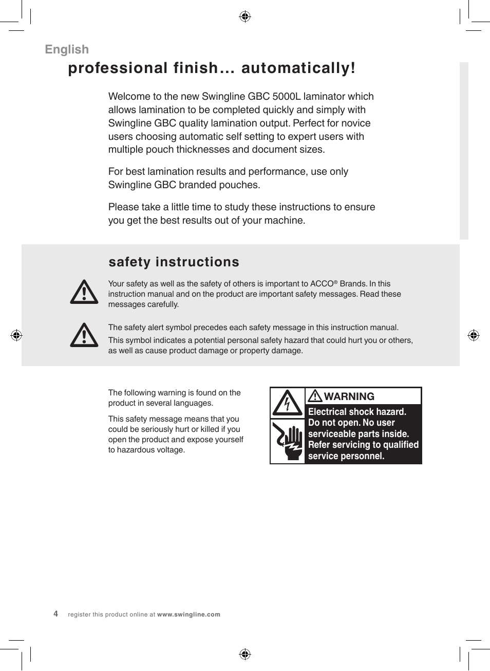 Professional finish… automatically, Safety instructions | GBC 5000L Fusion Swingline User Manual | Page 4 / 28