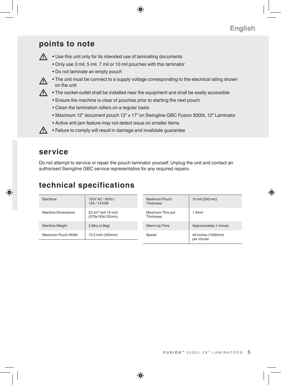 Mm m m, Technical specifications service, English | GBC 5000L Fusion Swingline User Manual | Page 5 / 28