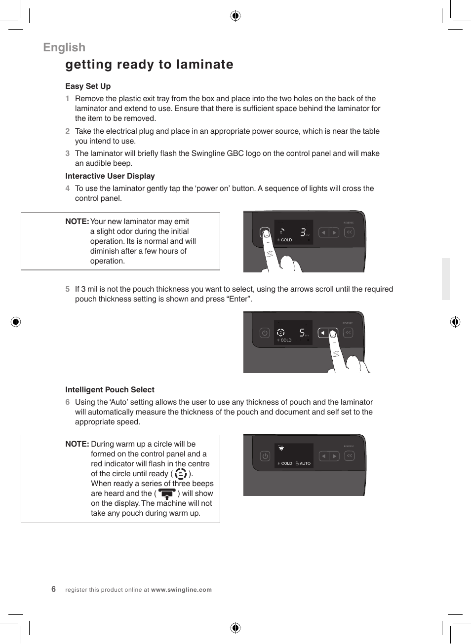 Getting ready to laminate, English | GBC 5000L Fusion Swingline User Manual | Page 6 / 28