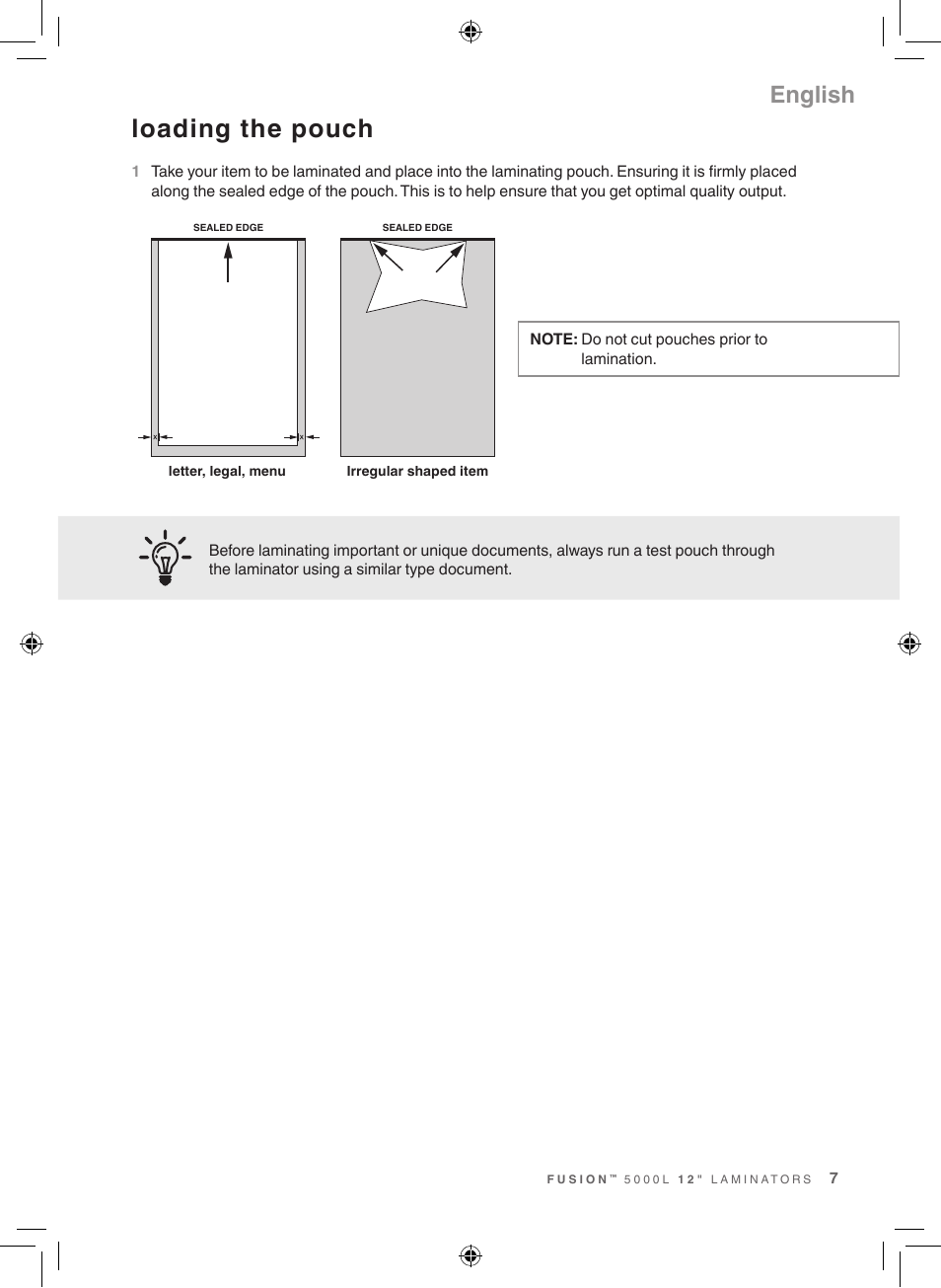 Loading the pouch, English | GBC 5000L Fusion Swingline User Manual | Page 7 / 28